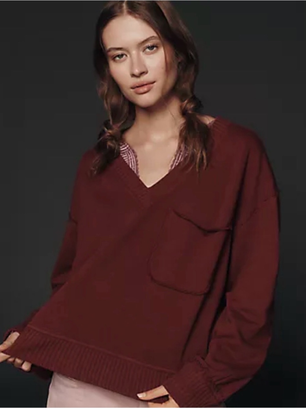 PILCRO Montana Pocket Knit Boxy Oversized V Neck Sweatshirt S Anthropologie NWT